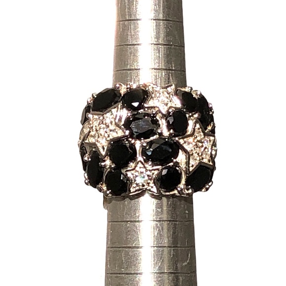 STERLING SILVER BLACK & CLEAR CRYSTALS NIGHT SKY WITH STARS COCKTAIL RING SIZE 7 - Picture 8 of 16